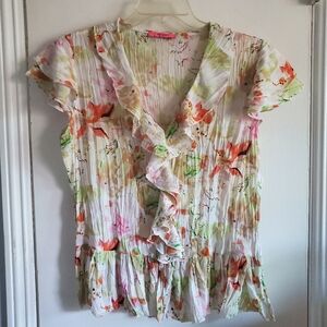 Belissimo New York Ruffle water color floral Top Crinkle Size L Y2K Fairy Peplum